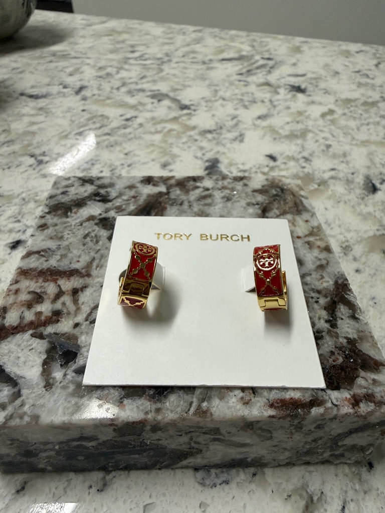 Tory Burch Red And Gold Enamel Logo Huggie Earrings 45$